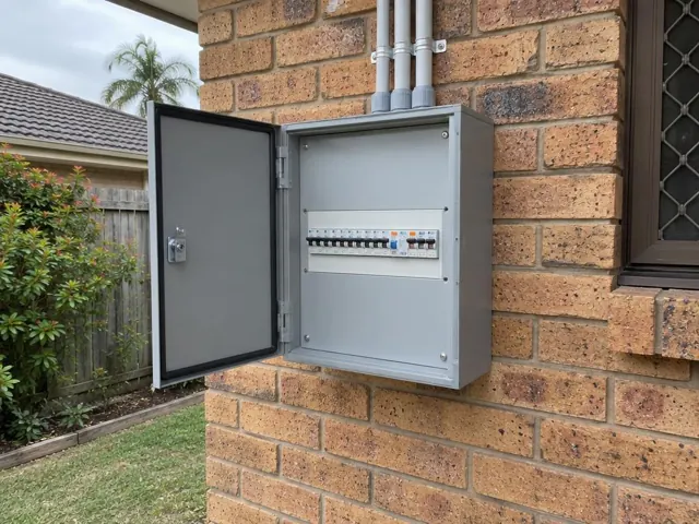 Outdoor switchboard cabinet mounted on a brick house wall beside a window in Coomera